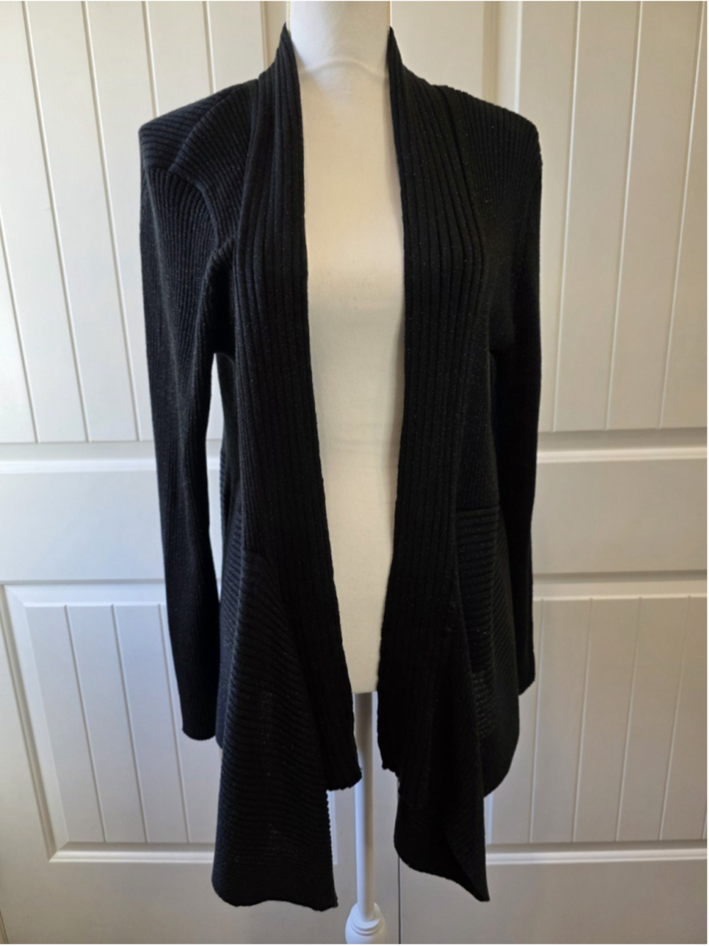 Dana Buchman Sweater Sz L Cardigan Open Front Ribbed Shimmer Black Elegant - Picture 2 of 11